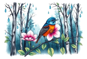 forest trees background
blue rain drops
pink camelia flower
blue and brown wren bird tattoo idea