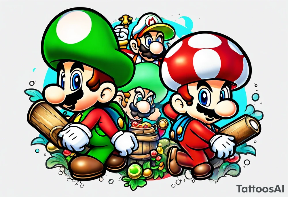 Mario and Luigi with toadstool and cannons and bombs tattoo idea