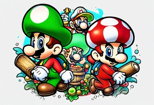 Mario and Luigi with toadstool and cannons and bombs tattoo idea