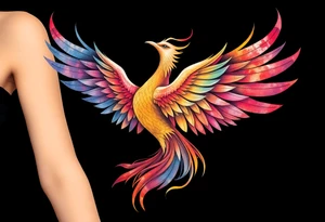 Phoenix rising with nonbinary flag colors blended in watercolor style, transparent background. tattoo idea
