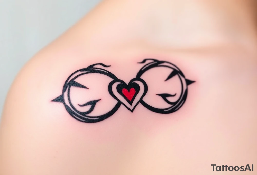 A bold tribal-style infinity symbol with sharp geometric patterns and heart, in black ink with subtle red accents tattoo idea