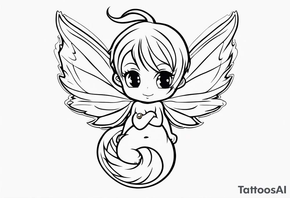 No color fairy with a tail inspired by the logo of the show called Fairy Tail in a fetal position leaning in and forward tattoo idea