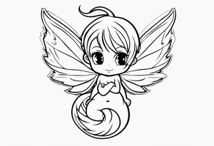 No color fairy with a tail inspired by the logo of the show called Fairy Tail in a fetal position leaning in and forward tattoo idea