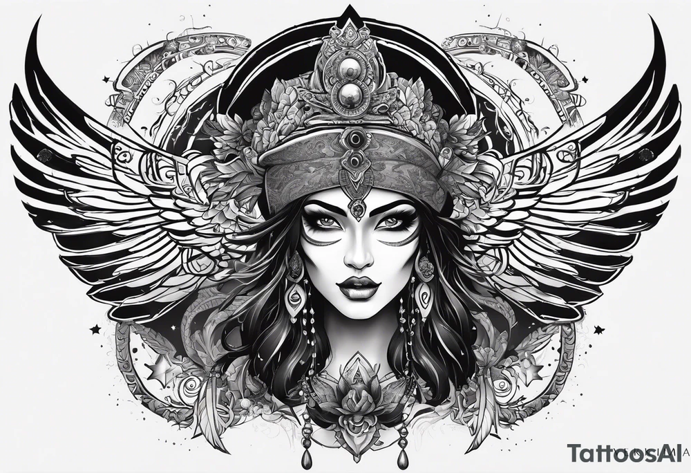 black kali, goddess pirate, alien, pachamama, valkrye, warrior, skull, lotus azul, wing, eagle, zenza resonance, stars, one side chest tattoo idea
