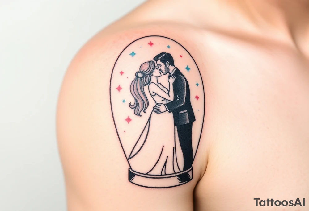 A tender kiss between bride and groom captured inside a glass snow globe, with soft pastel pink and light blue sparkles tattoo idea