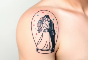 A tender kiss between bride and groom captured inside a glass snow globe, with soft pastel pink and light blue sparkles tattoo idea