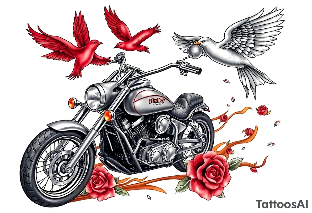 Harley grey motorcycle driving away, two red birds flying, roses, flames, angel wings tattoo idea