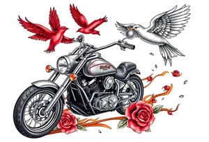 Harley grey motorcycle driving away, two red birds flying, roses, flames, angel wings tattoo idea