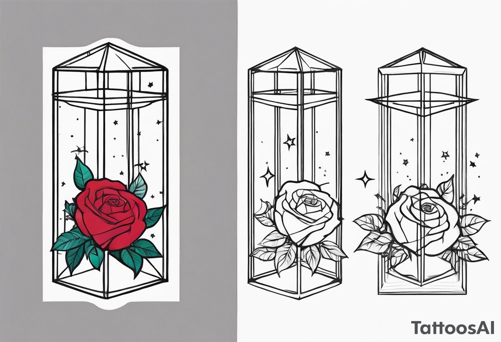 Tall soft Tesseract with roses and stars on the top and bottom tattoo idea