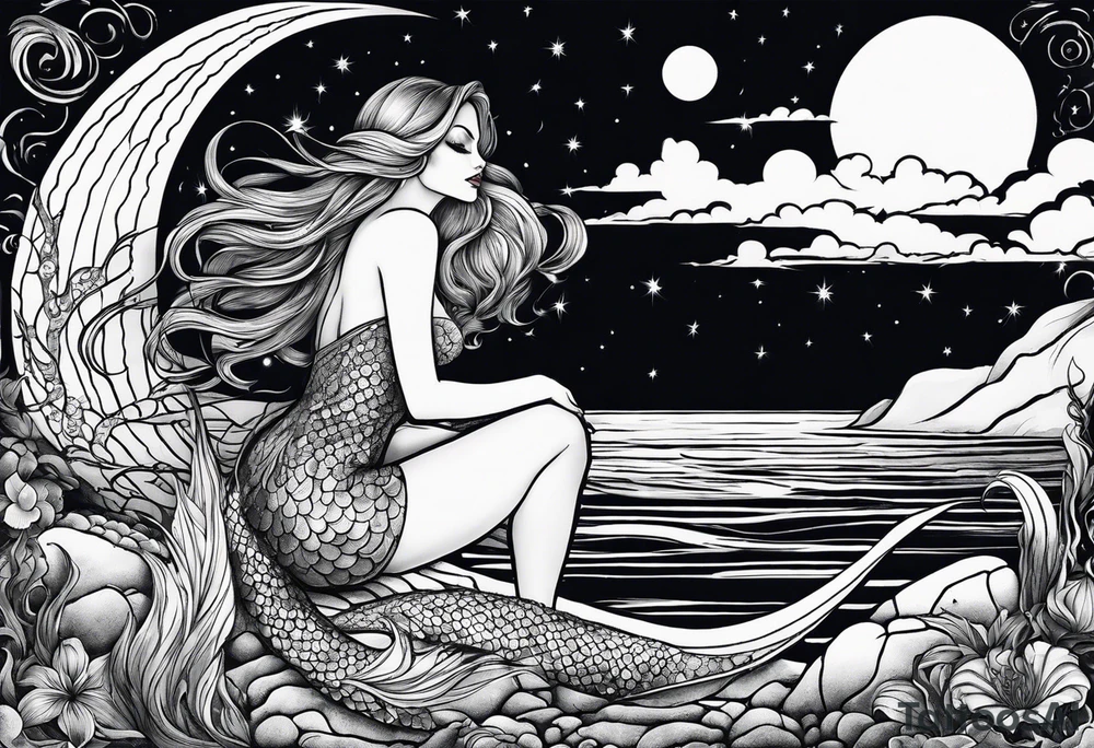 One evil mermaid and one good mermaid on a rock looking out into the night sky and ocean horizon tattoo idea