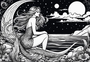One evil mermaid and one good mermaid on a rock looking out into the night sky and ocean horizon tattoo idea