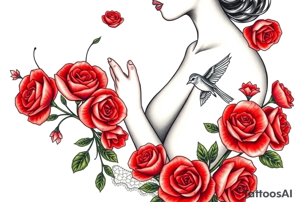 Vintage dollies, red roses, lace, red bird, vintage, wrap around, tighter together, no space open tattoo idea