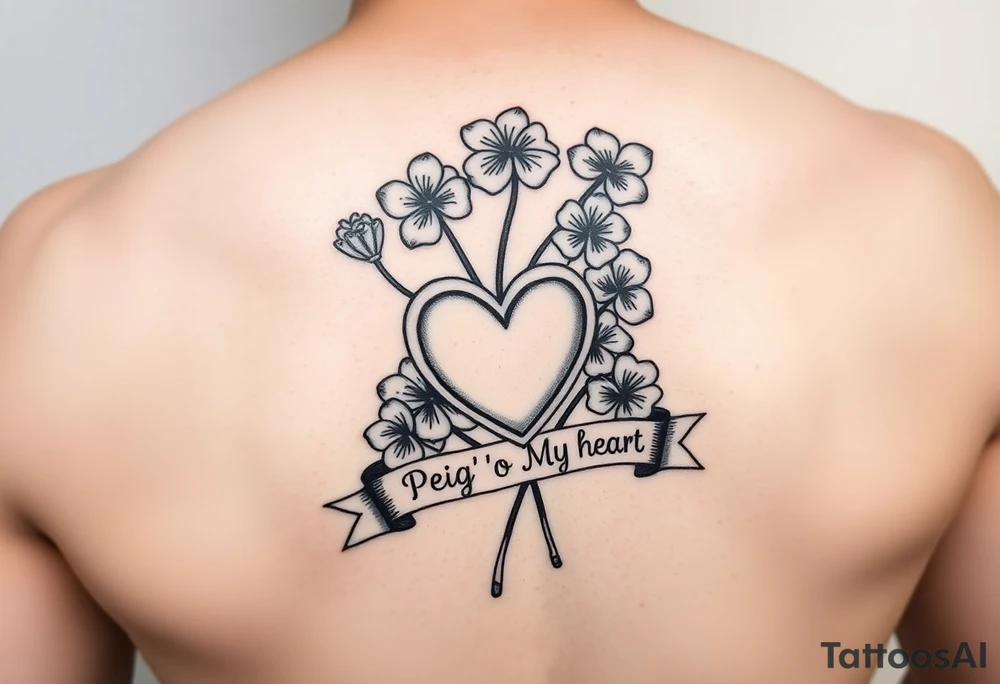 Bunch of Shamrock with a heart and a banner that says " Peg 'o My Heart " tattoo idea