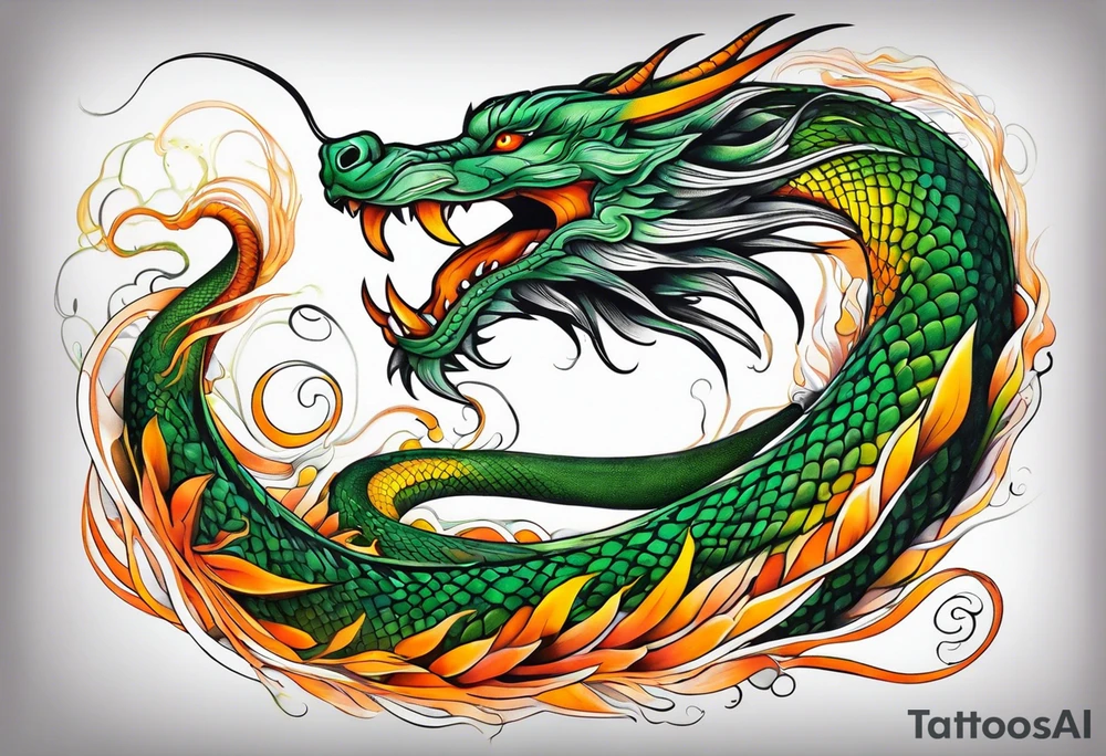 Long Snake dragon green orange tattoo idea
