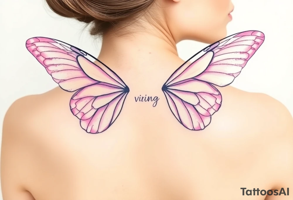 A dreamy portrait of a Virgo woman with delicate butterfly wings, in soft lavender, pink, and pearl white hue tattoo idea