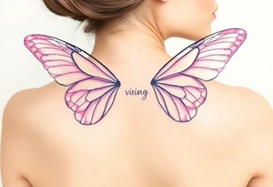 A dreamy portrait of a Virgo woman with delicate butterfly wings, in soft lavender, pink, and pearl white hue tattoo idea