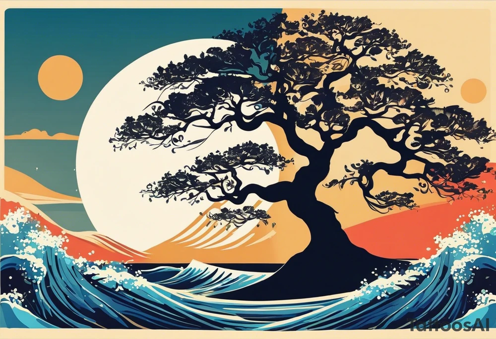 an abstract Tree of Life tattoo. It should have roots growing out of the bottom. The roots slowly turn into water from the Great Wave by Hokusai. A golf flag should be placed discreetly growing out of the ground. 2 license plate tags should be hanging from the tree. Place a few music notes in the areas the leaves should be. The letters A U should be engraved into the tree trunk in a heart. tattoo idea