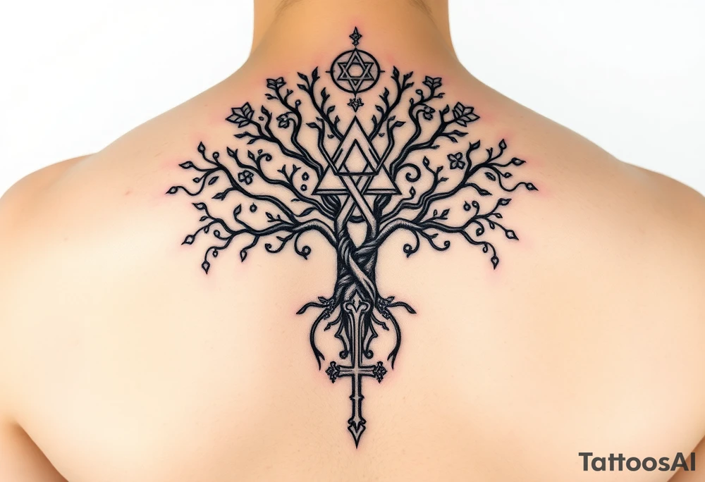 geometrical mystical tree of life with the star of David and cross cosmic roots and celestial symbols branches with HIV-positive symbol tattoo idea