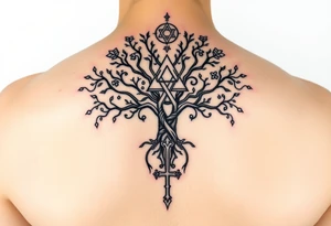 geometrical mystical tree of life with the star of David and cross cosmic roots and celestial symbols branches with HIV-positive symbol tattoo idea