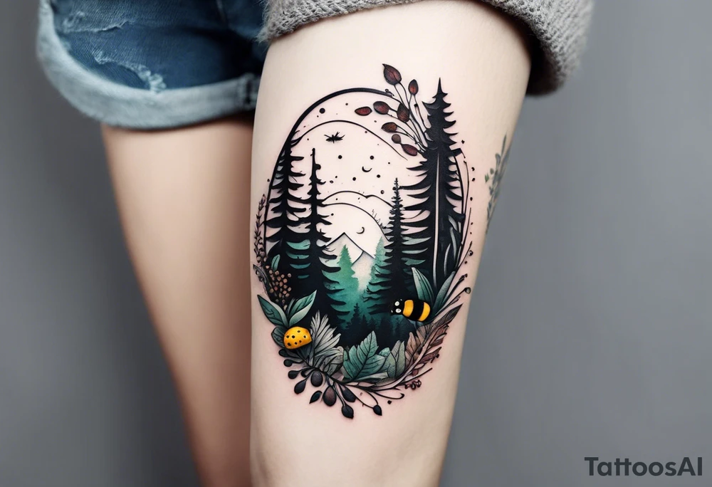 forest floor inspired minimalist tattoo, which includes grass, curly ferns, moss and dead leaves as the bulk of the tattoo. details to include: forest berries, a tiny bumblebee flying nearby, three small brown mushrooms
Generate a vertically long one tattoo idea