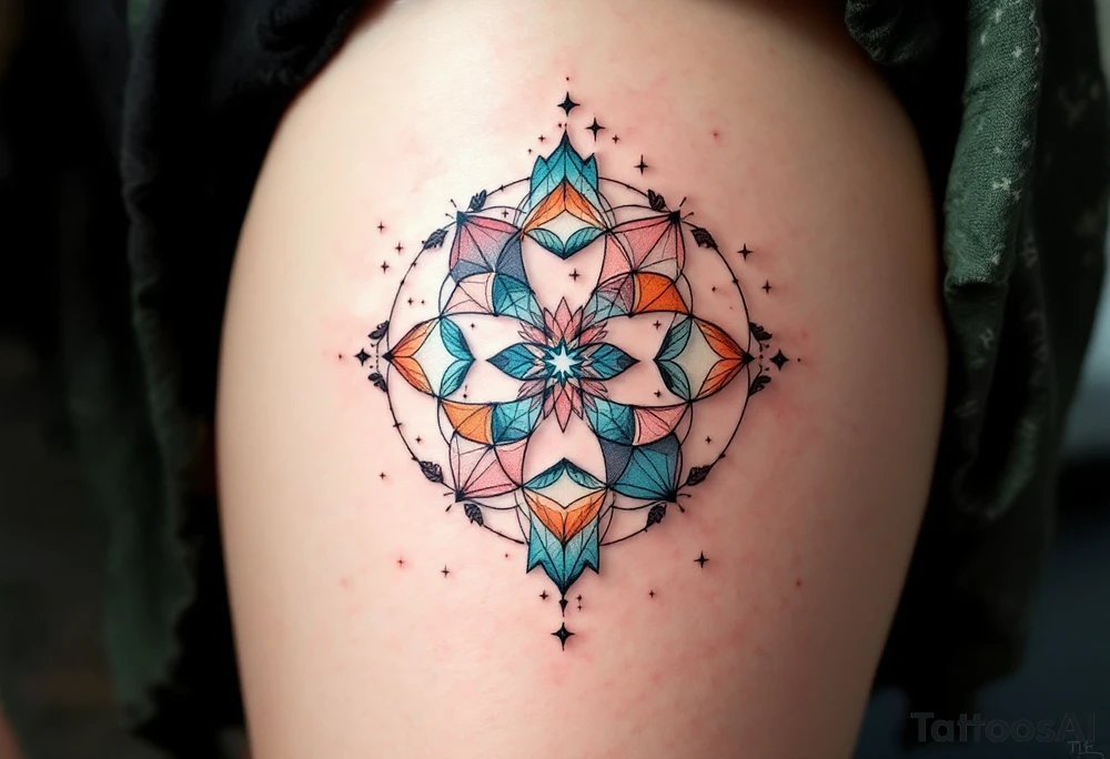 A Pisces star constellation in coral and turquoise threads its way through the Pisces sign in a mandala-style pattern. tattoo idea