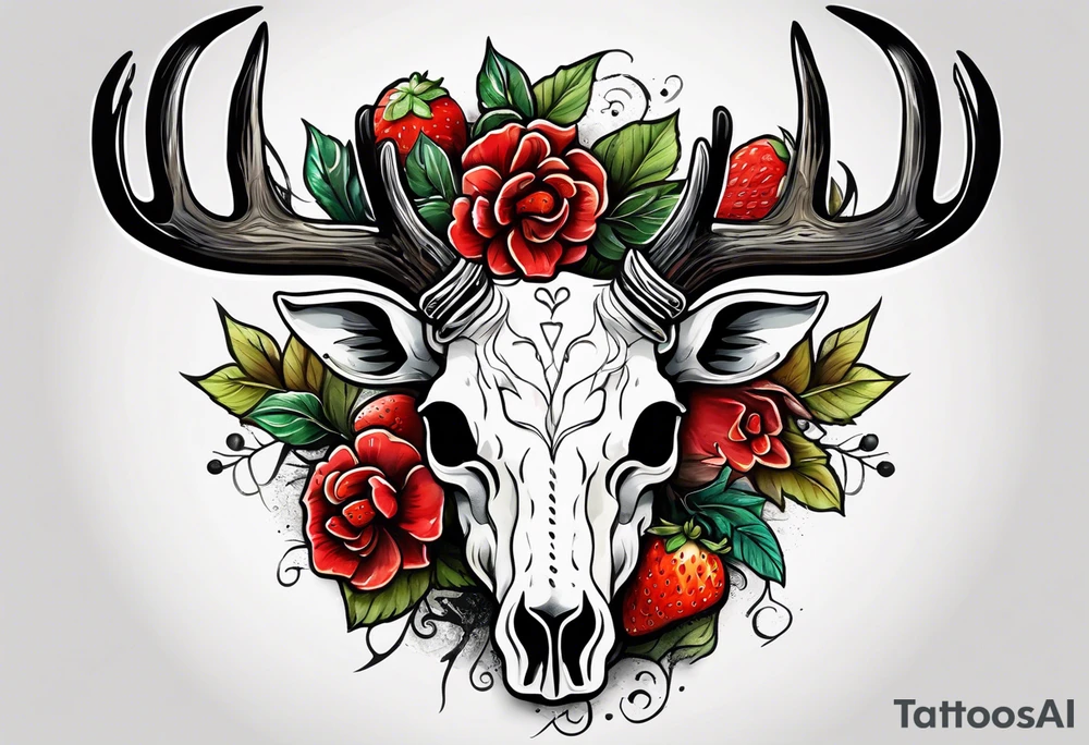 A deer skull. The astrological sign for Aries and Taurus hanging from the antlers. There should be some strawberry imagery in it also. tattoo idea