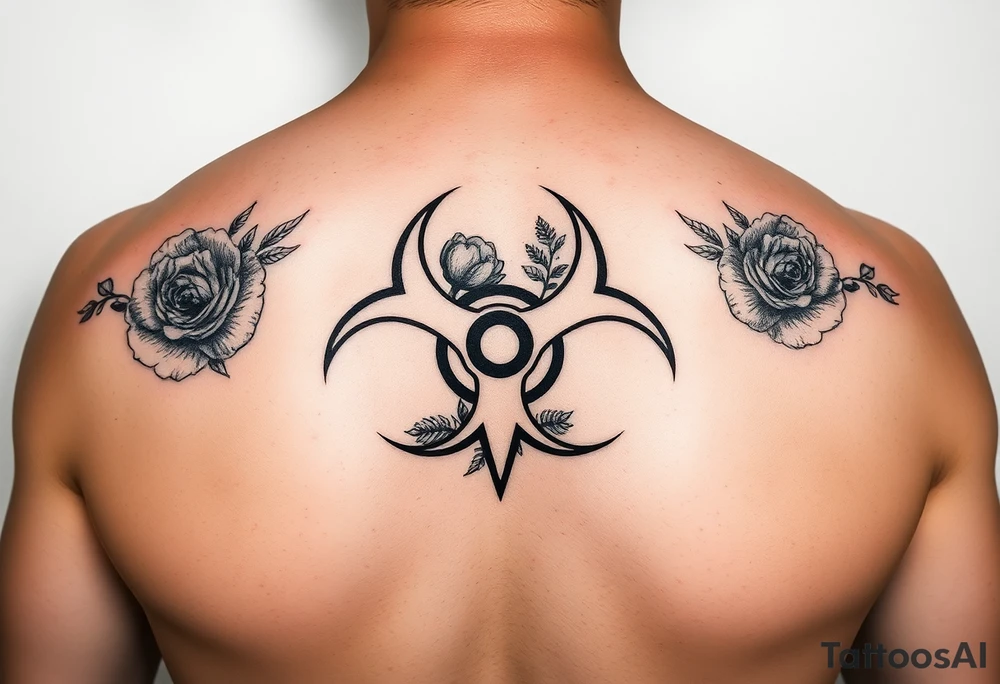 floral biohazard symbol in old school style black ink tattoo idea