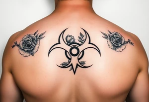 floral biohazard symbol in old school style black ink tattoo idea