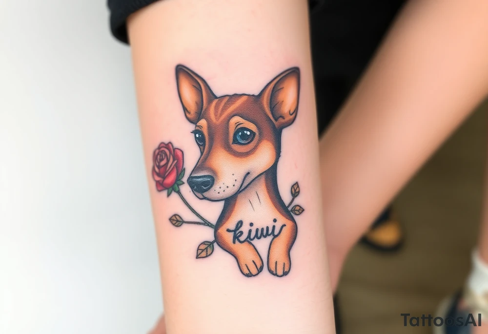 Cute female  hound dog mix Brindle dog with the name kiwi . And a tiny rose around her . With her ears pointy a little big tattoo idea