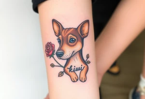 Cute female  hound dog mix Brindle dog with the name kiwi . And a tiny rose around her . With her ears pointy a little big tattoo idea