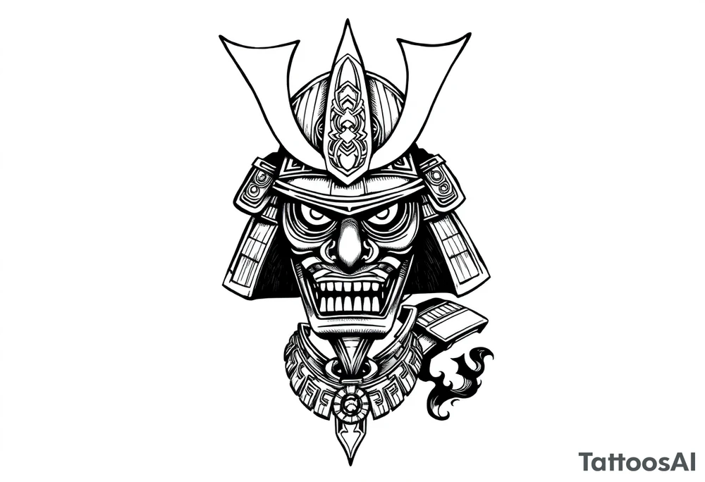 Samurai helmet tattoo design, Japanese style, black and grey ink, highly detailed, bold linework, symmetrical layout, traditional armor, ornamental patterns, forearm placement, minimal background, warrior spirit, sketch style tattoo idea