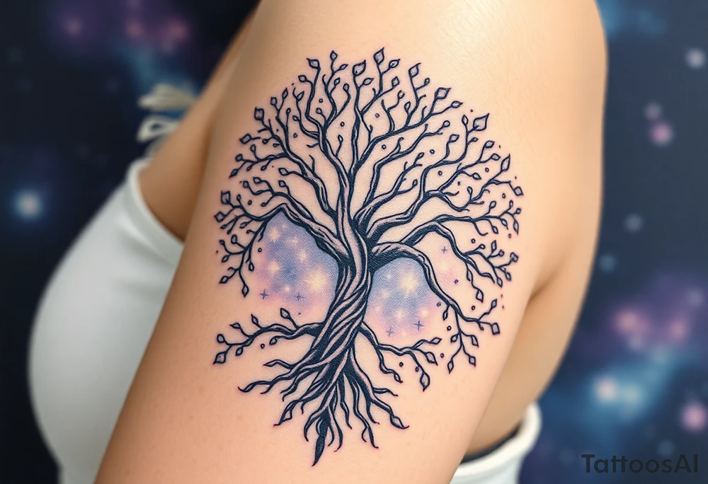 mystical tree of life with cosmic roots and celestial branches, 
more full tree and sparkles around ethereal, making it a scene in a galaxy background tattoo idea