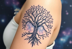 mystical tree of life with cosmic roots and celestial branches, 
more full tree and sparkles around ethereal, making it a scene in a galaxy background tattoo idea