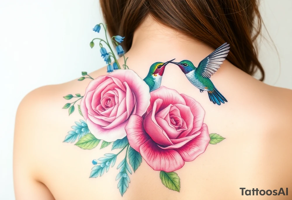 Bouquet of flowers with watercolors carnation, rose, Lily of the valley, delphinium with stems Starting upper middle back to right shoulder With  2 humming bird feeding on carnation and rose.  Soft tones tattoo idea