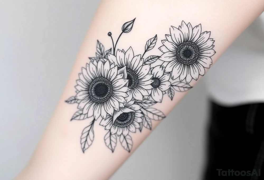 Large floral design with multiple types of flowers including sunflowers tattoo idea