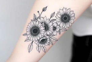 Large floral design with multiple types of flowers including sunflowers tattoo idea