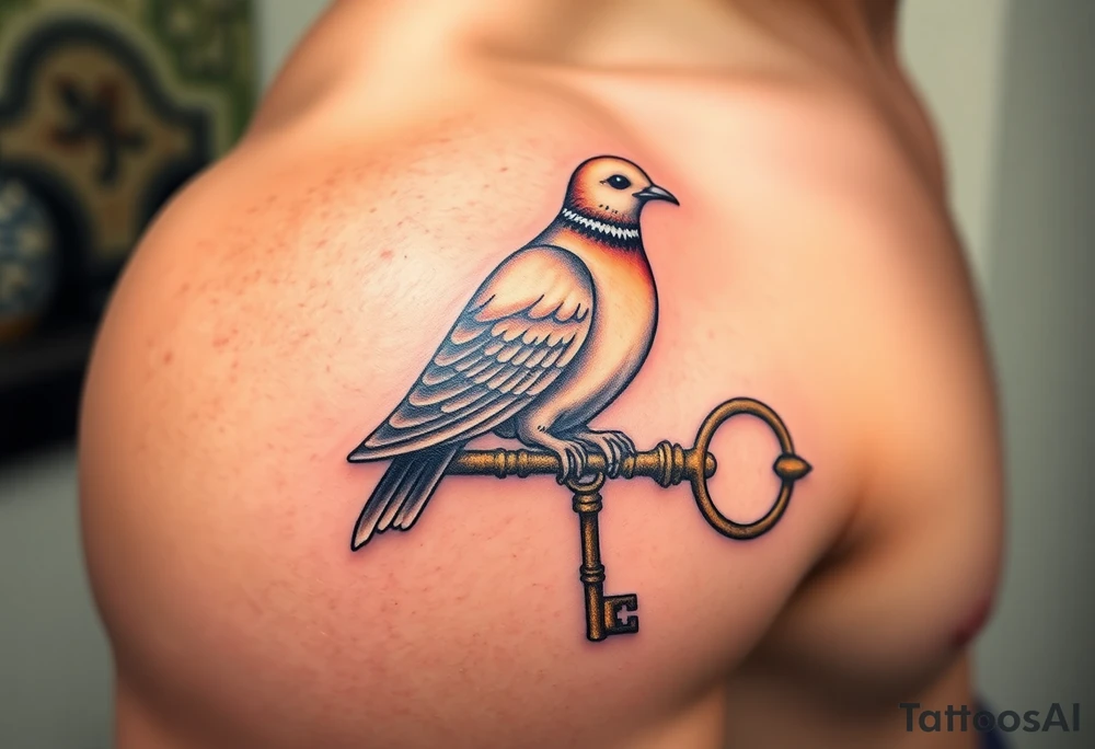 A collared dove perched on a vintage key, with the dove in soft browns and whites, and the key in antique gold, symbolizing love, protection, and freedom tattoo idea