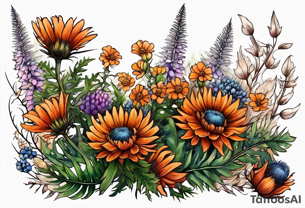 wildflower horizontal with thistles, ferns, burnt orange flowers all in color tattoo idea