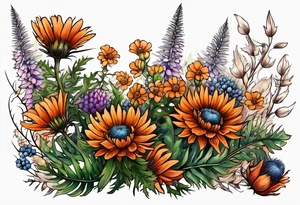 wildflower horizontal with thistles, ferns, burnt orange flowers all in color tattoo idea