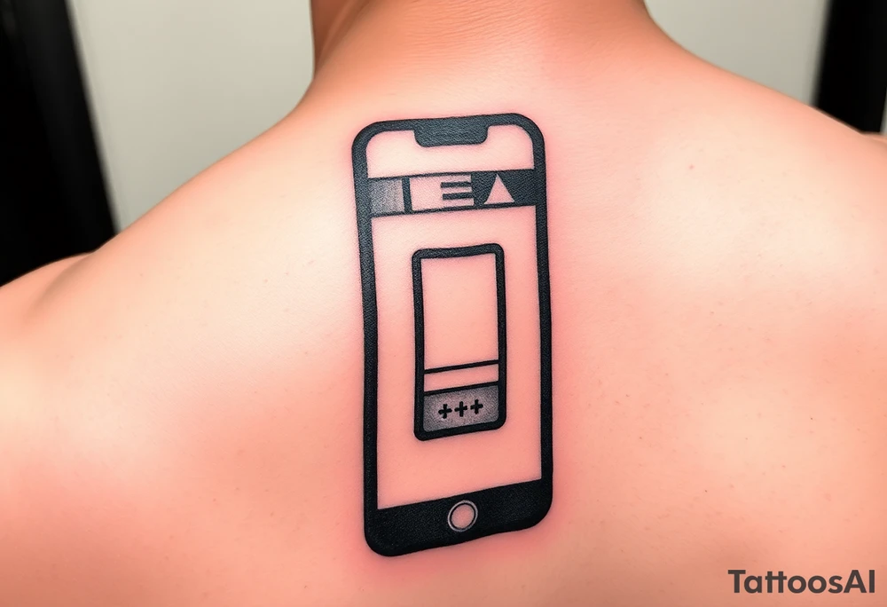 "Recursive iPhone tattoo: screen shows another screen with [•] at the end. Black ink, optical illusion style, 6cm width." tattoo idea