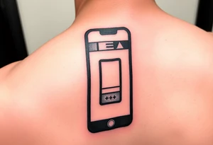 "Recursive iPhone tattoo: screen shows another screen with [•] at the end. Black ink, optical illusion style, 6cm width." tattoo idea