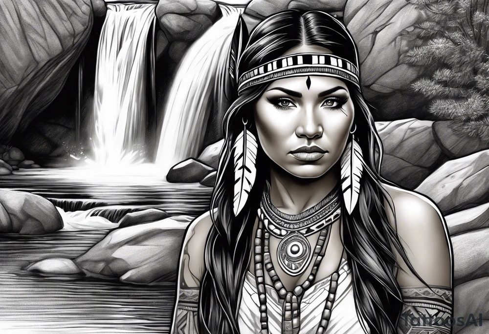 A native American Indian woman by a waterfall she is Aquarius water barrer she has tattoos and her eyes can see right through you tattoo idea