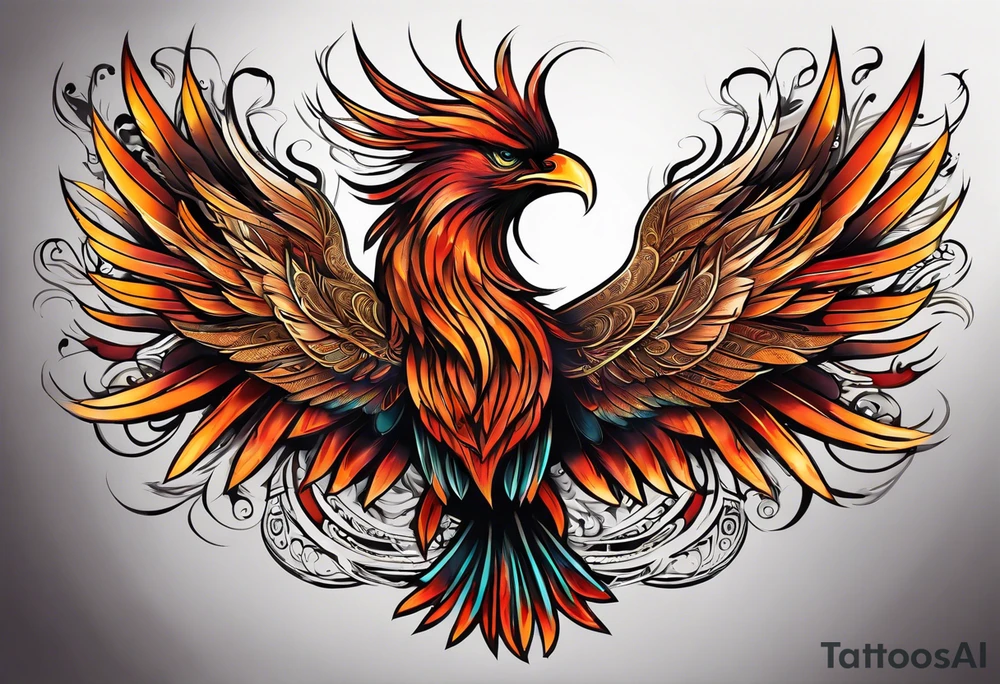 Tattoo: A powerful, majestic phoenix, depicted mid-flight or rising, with wings extended and feathers flowing. Deep shading and intricate details to bring out the texture and motion of the feathers. tattoo idea