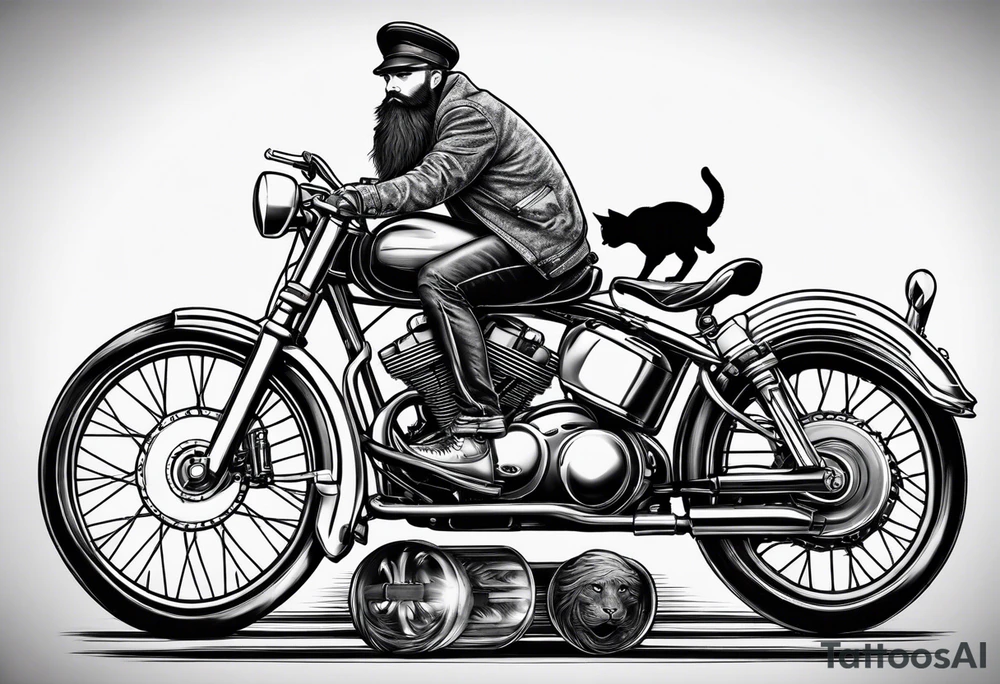 cat with beard on a bike tattoo idea