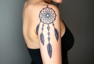 native dreamcatcher with flowing feathers and sacred beads tattoo idea