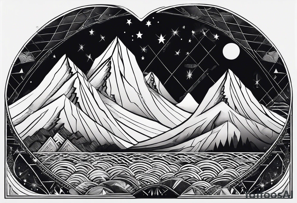 Mountain Massif, one Peak, only peak surrounded woth semi circle dashed Line, in semi circle two littel fine Stars, waves overlapping in Side, Open geometrical Forms Like Diamond with Open lines tattoo idea