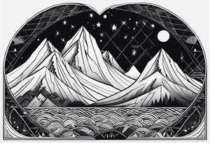 Mountain Massif, one Peak, only peak surrounded woth semi circle dashed Line, in semi circle two littel fine Stars, waves overlapping in Side, Open geometrical Forms Like Diamond with Open lines tattoo idea