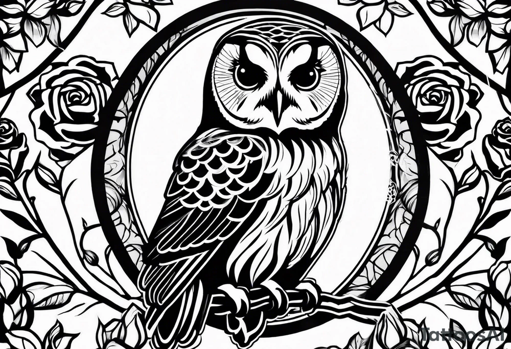 Barred owl with a single rose tattoo idea