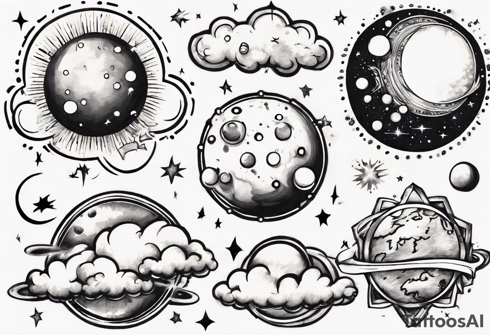 a cloud with planets and the date 12.08.05 tattoo idea