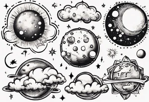 a cloud with planets and the date 12.08.05 tattoo idea